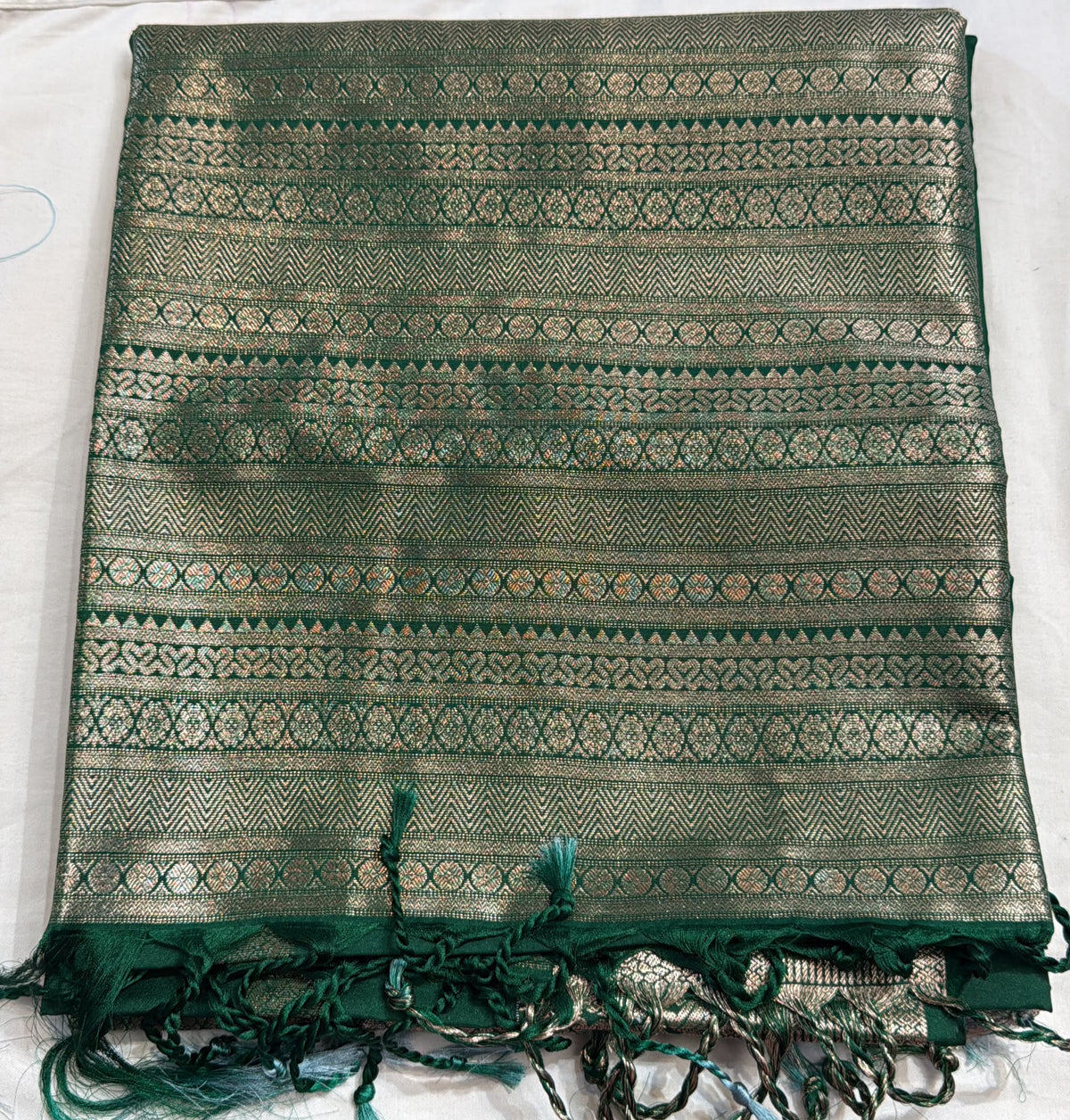 Alluring Dark Green And Gray Color Art Silk Saree With Gold Zari Work For Women