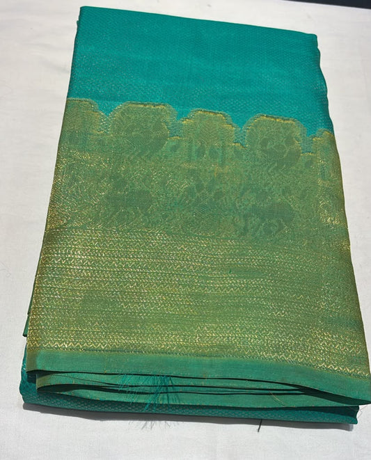 Marvelous Blue And Green Color Pure Kanchi Silk With Gold Zari Work Border Saree For Women