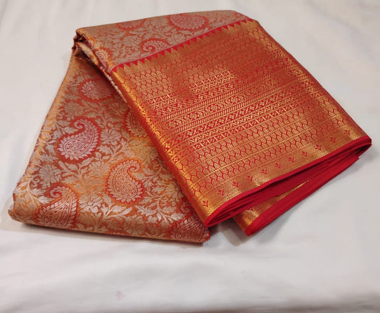 Terrific Orange Color Pure Kanchi Silk Saree With A Contrast Color Zari Work Border For Women