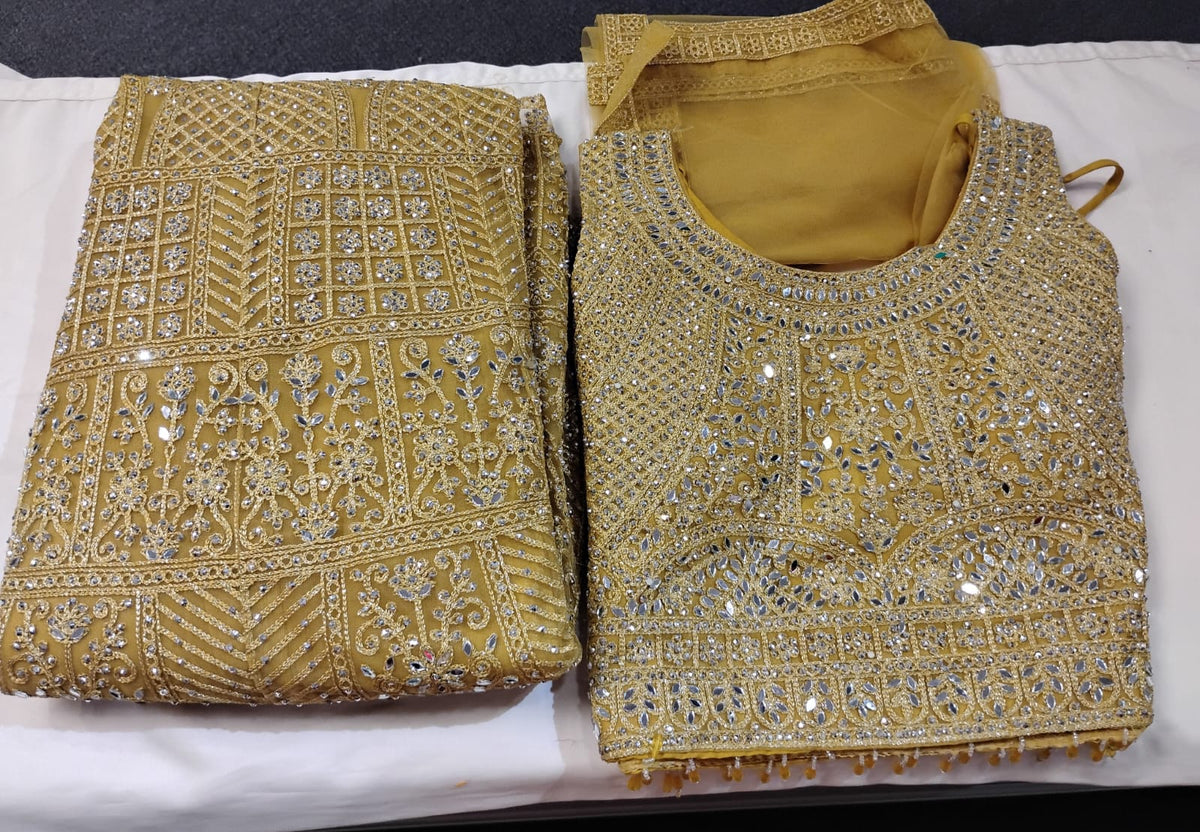 Terrific Mustard Yellow Color Net With Embroidery And Mirror Work Lehenga For Women