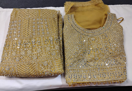 Terrific Mustard Yellow Color Net With Embroidery And Mirror Work Lehenga For Women