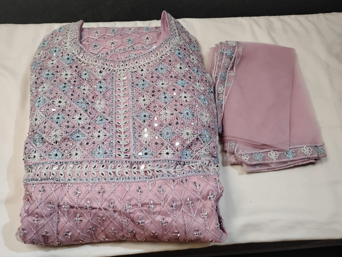 Attractive Light Pink Color Net With Embroidery And Mirror Work Anarkali For Women