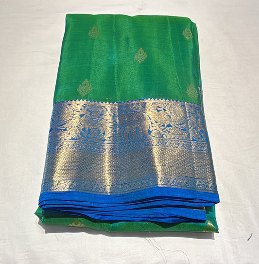 Fabulous Teal Green Color Pure Kanchi Silk With Beautiful Sky Blue Color Motifs Border And Silver Zari Work Saree For Women