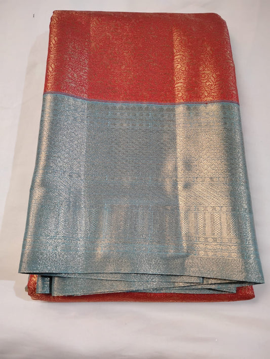 Elegant Red Color Pure Kanchi Silk Saree With Golden Zari Work And Pista Green Color Border For Women