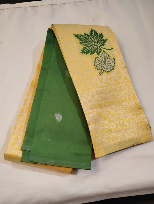 Stunning Yellow And Green Color Pure Kanchi Silk Saree With Golden Zari Work For Women