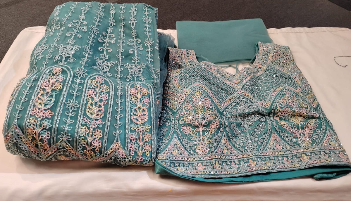 Amazing Teal Blue Color Gerorgette With Embroidery And Mirror Work Lehenga For Women