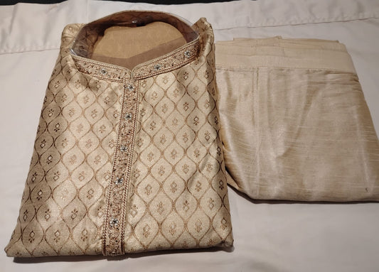 Charming Gold Color Pure Banarasi With Zari Work Kuruta Sutis For Men