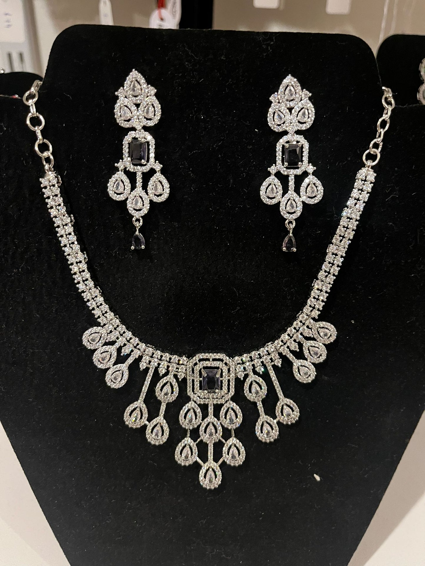 Beautiful Black Color Stone Worked Unique Designed American Diamond Necklace Set