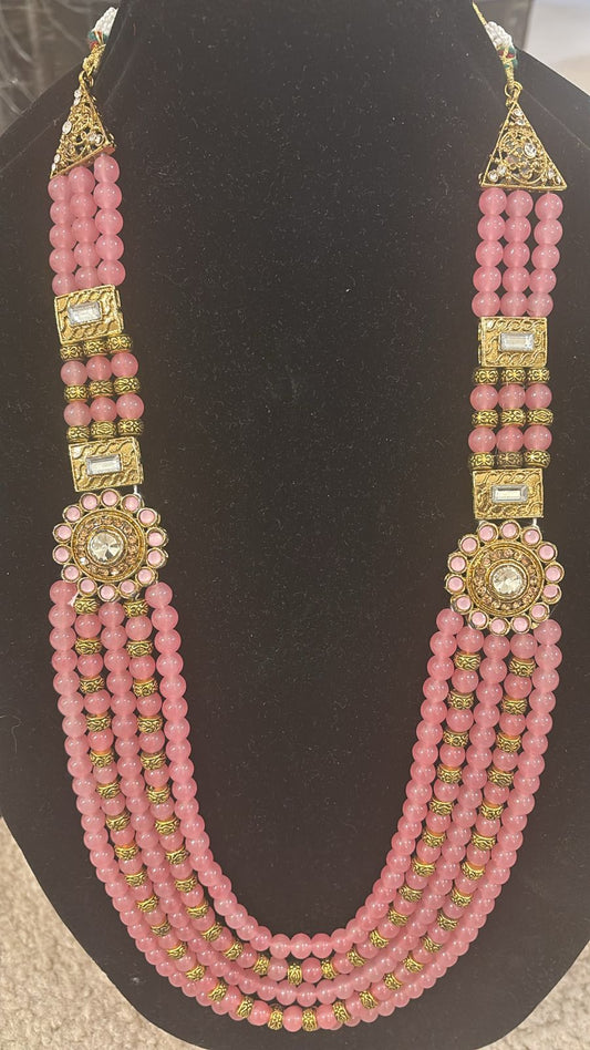 Dazzling Five Layered Designer Pink Color Pearl Beaded Mala For Men