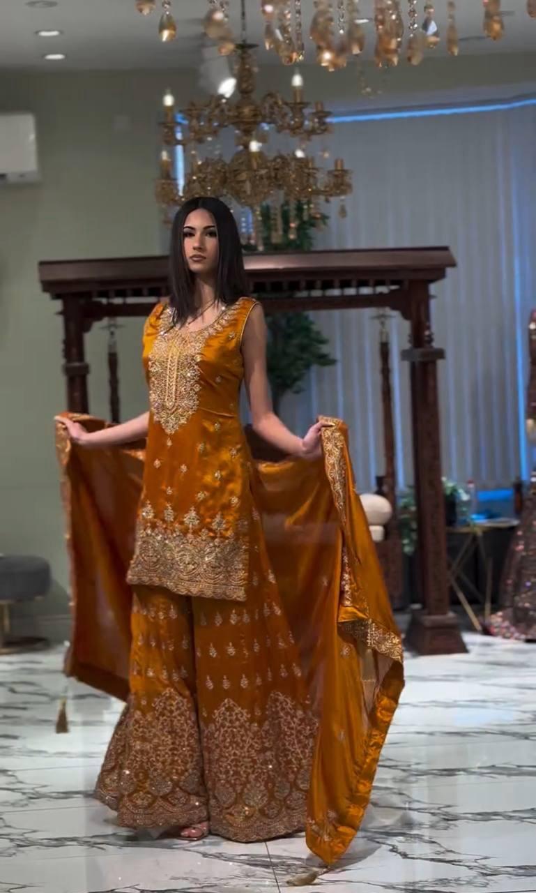 Mustard Yellow Color Faux Georgette Sequins For Women Near Me 