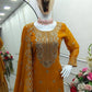 Pretty Mustard Yellow Color Faux Georgette With Heavy Embroidery Work Sharara Suit For Women