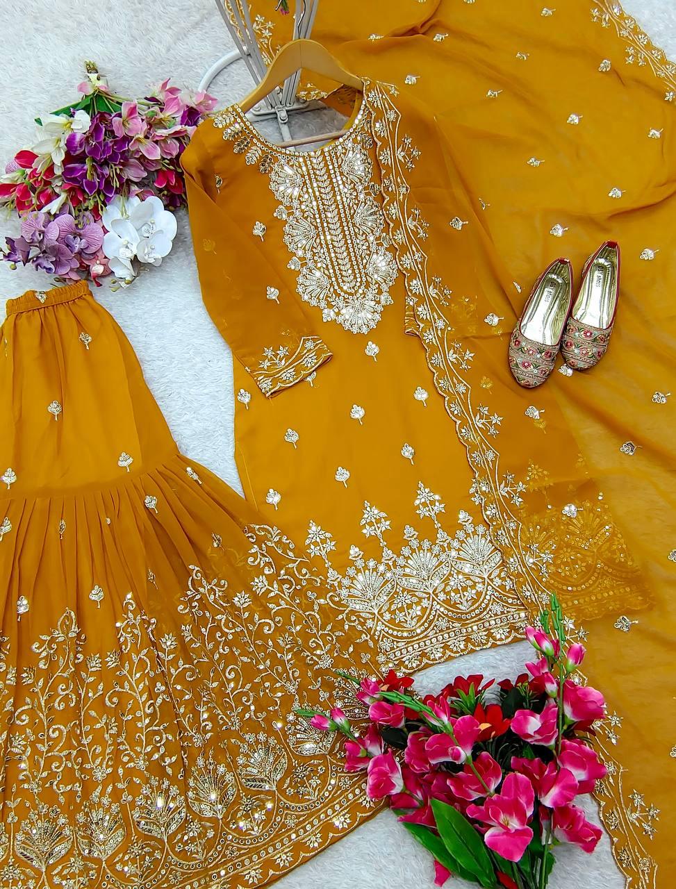 Pretty Mustard Yellow Color Faux Georgette With Heavy Embroidery Work Sharara Suit For Women