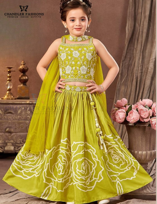 Fantastic Parrot Green Color Embroidery Work Choli Sets For Girls