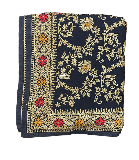 Graceful Dark Blue Color Heavy Chinon Embroidered Work With Gold Stone Fancy Saree - PREMIUM QUALITY