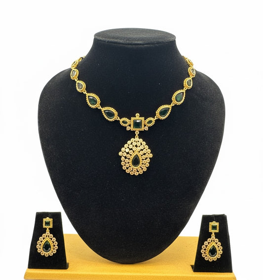 Stunning Dark Green Color Stones Gold Plated Necklace With Earrings Set For Women