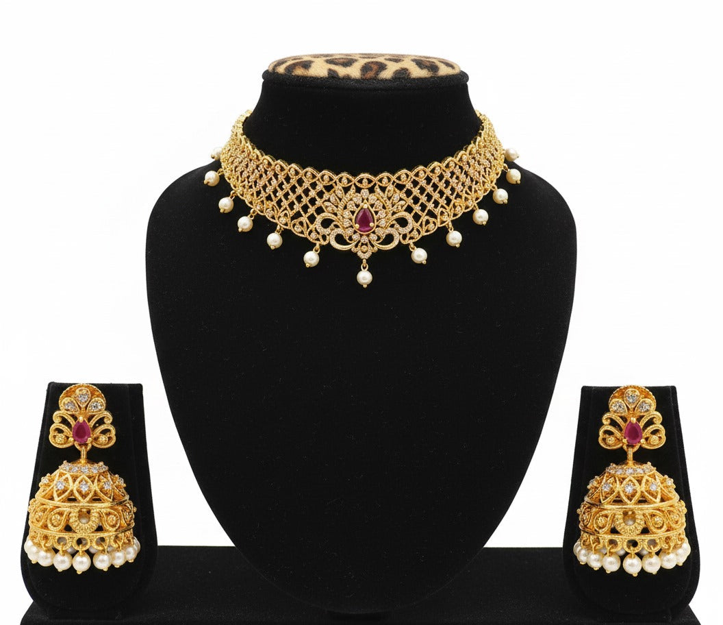 Beautiful Dark Pink And White Color Stones Gold Plated Choker With Earrings