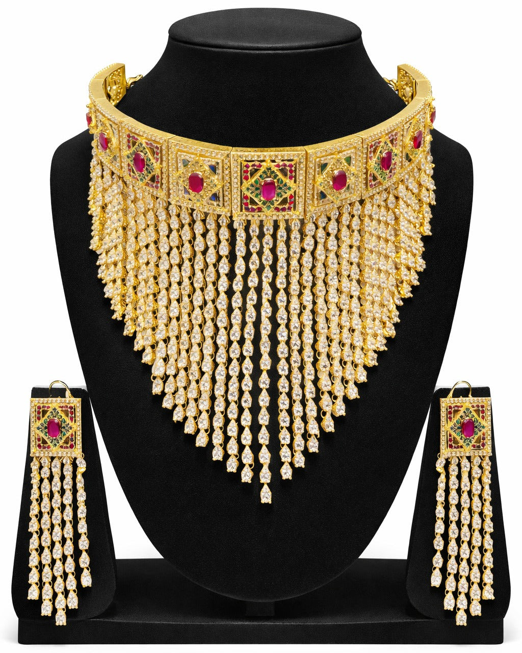 Attractive Gold Plated Multicolor Stone Design Choker With Earrings