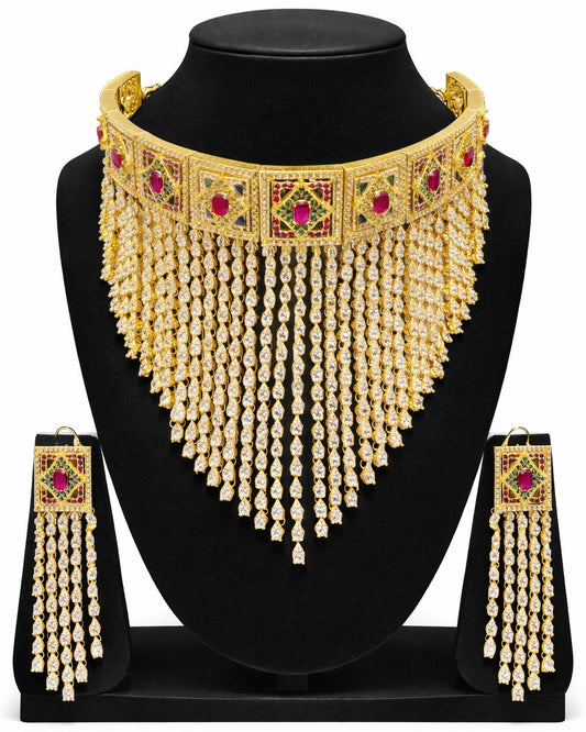 Attractive Gold Plated Multicolor Stone Design Choker With Earrings