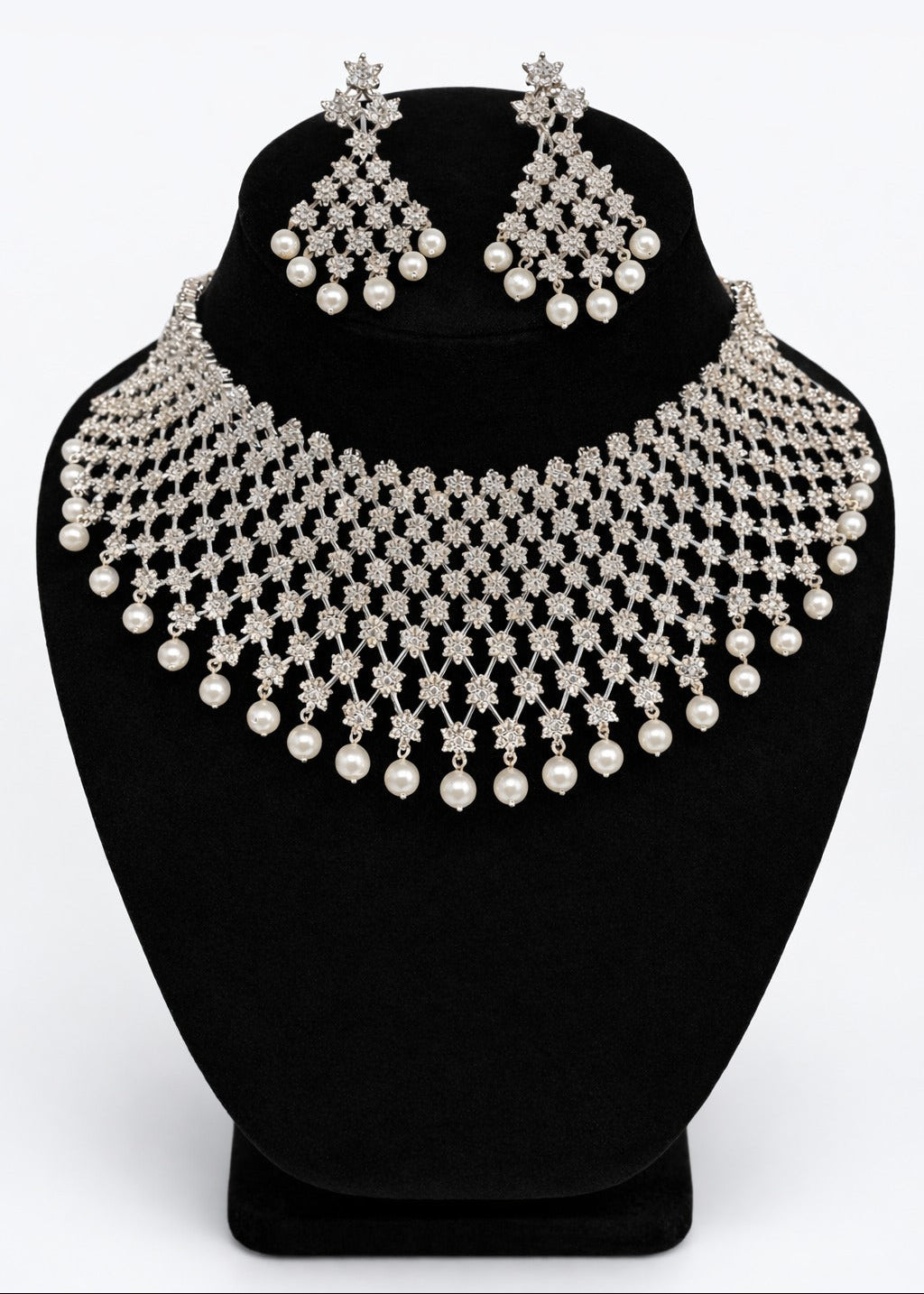 Elegant American Diamond White Stoned Necklace With Earrings Sets