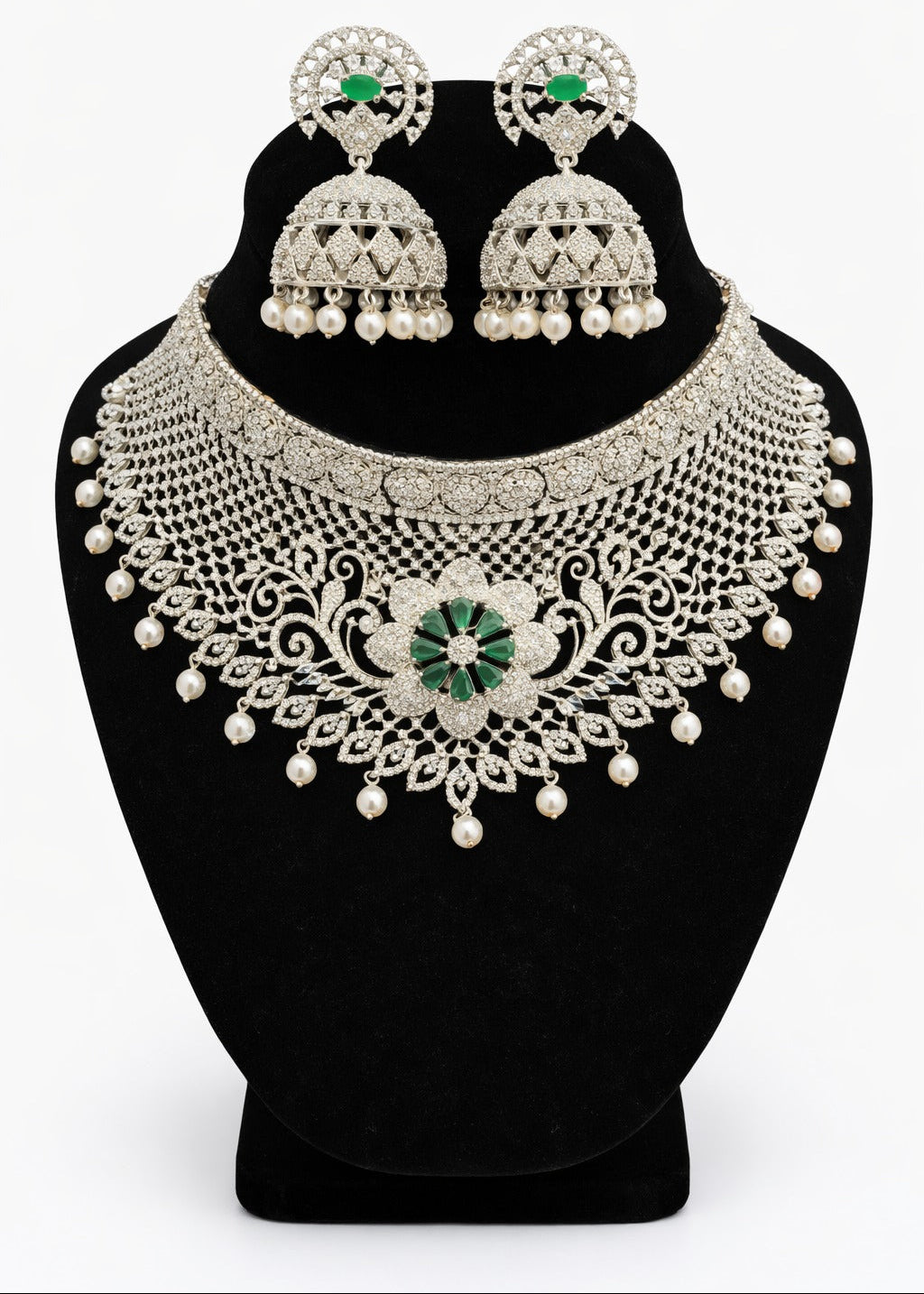 Gorgeous Green Stoned Flower With American Diamond Jewelry Set And Earrings For Women