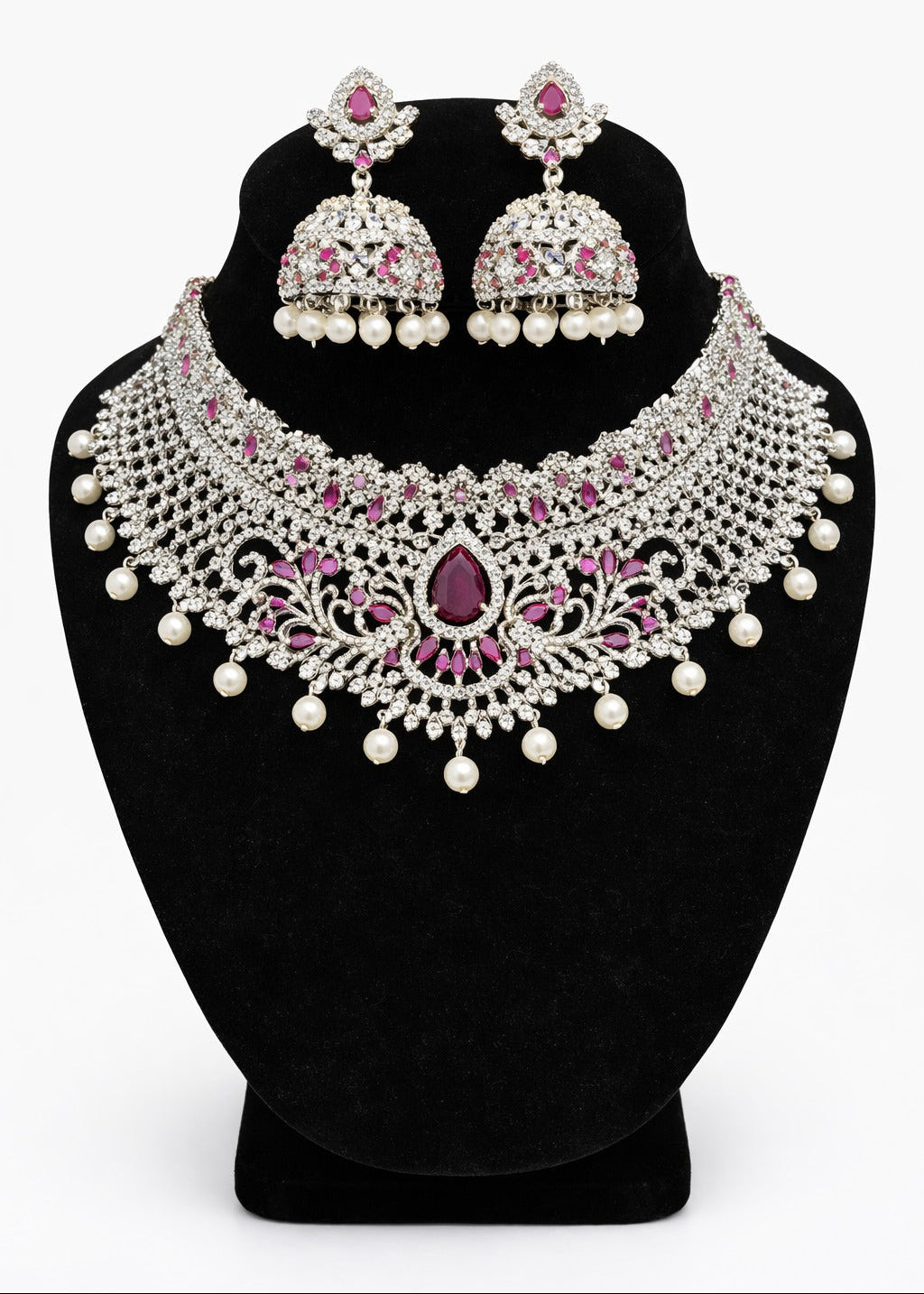 Elegant Ruby Stoned With Flower Design American Diamond Set And Earrings For Women
