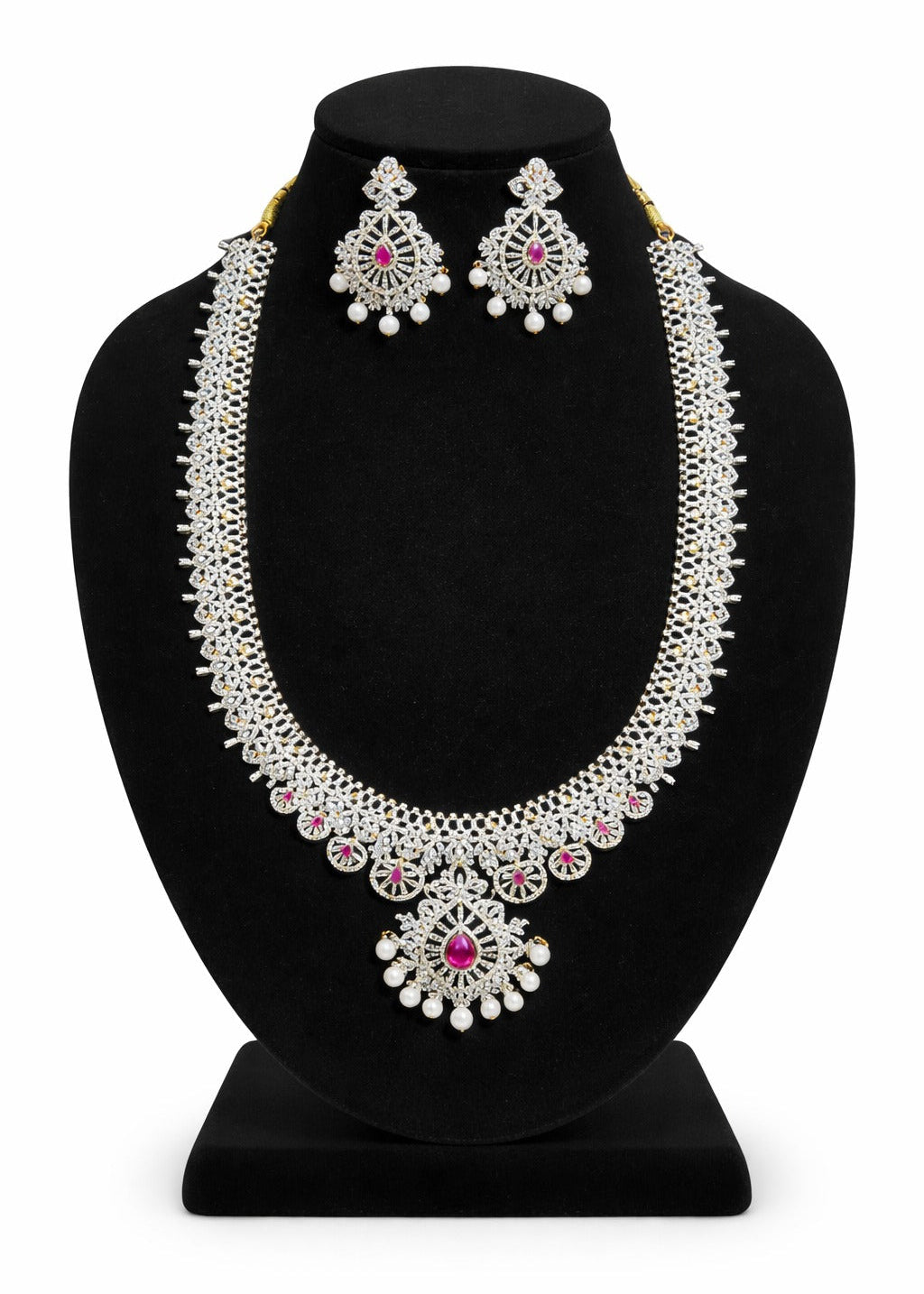 Attractive Pink Stoned Designer Long Beaded Necklace With Earrings