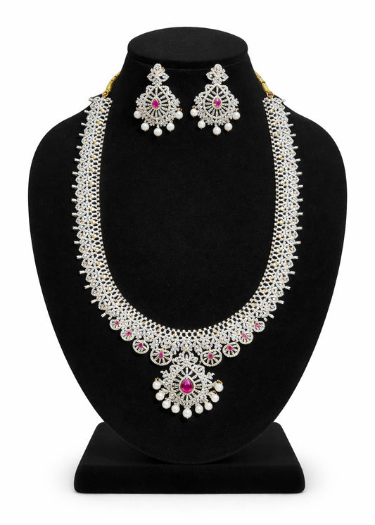 Attractive Pink Stoned Designer Long Beaded Necklace With Earrings