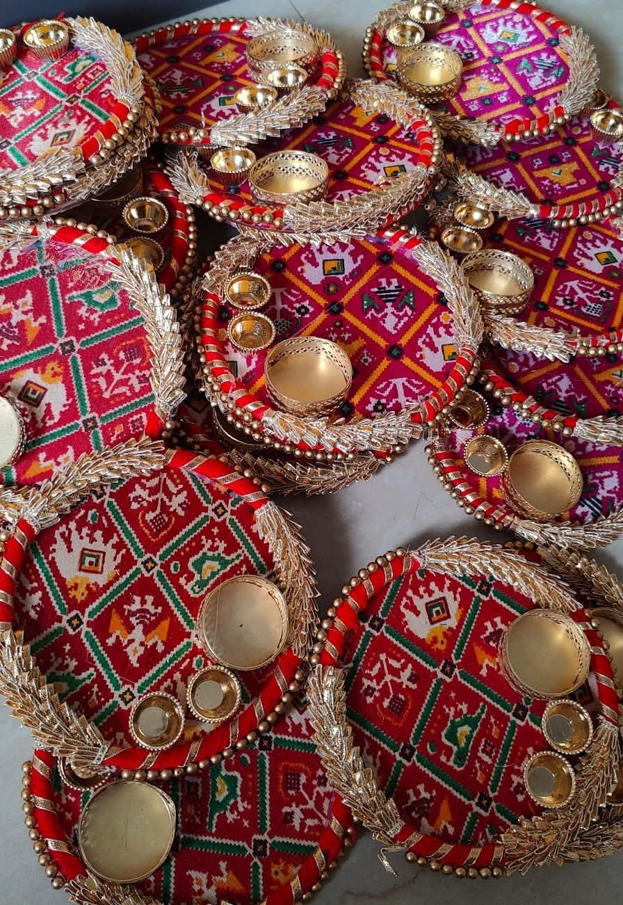 Traditional Embroidered Pooja Thali With Brass Bowls Golden Leaf Detailing Near Me