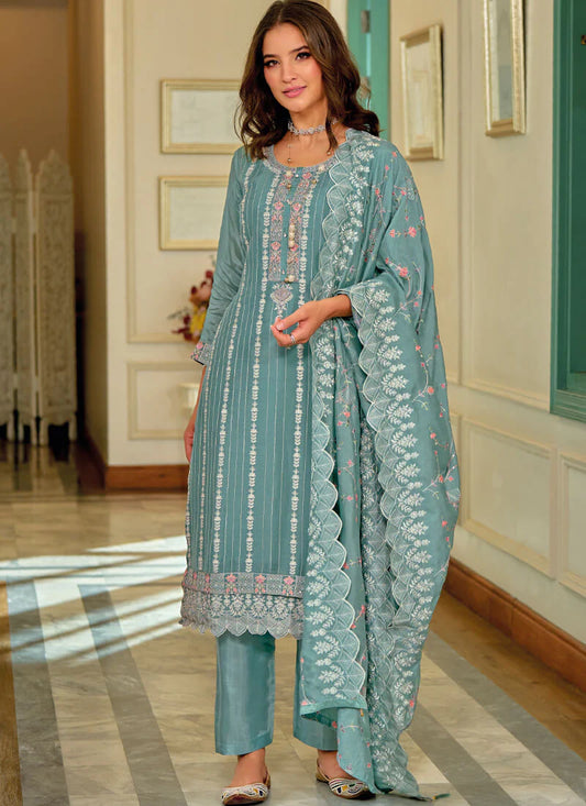 Gorgeous Teal Blue Colored Embroidery Salwar Suits With Dupatta For Women
