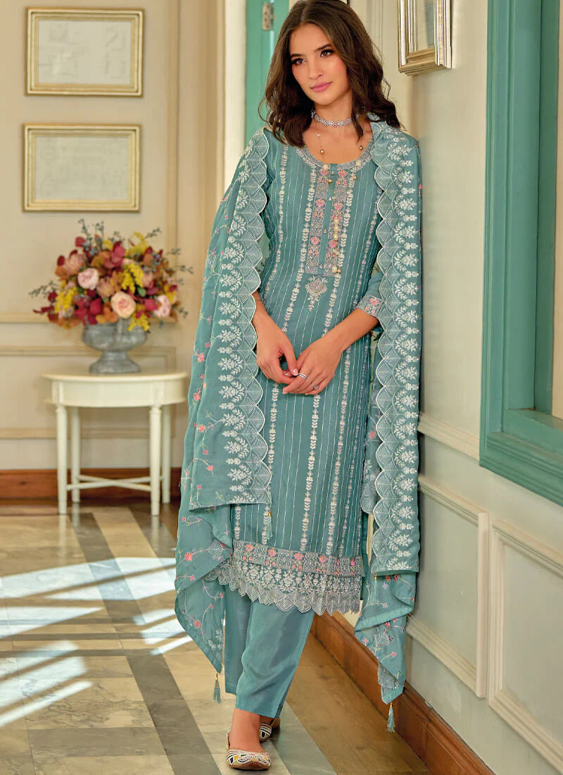 Blue Colored Embroidery Salwar Suits With Dupatta For Women In Happy Jack