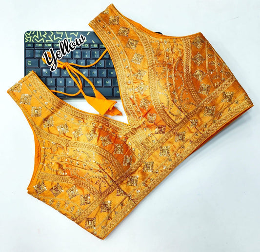 Dazzling Yellow Colored Embroidery With Sequins Thread Work Readymade Blouse For Women