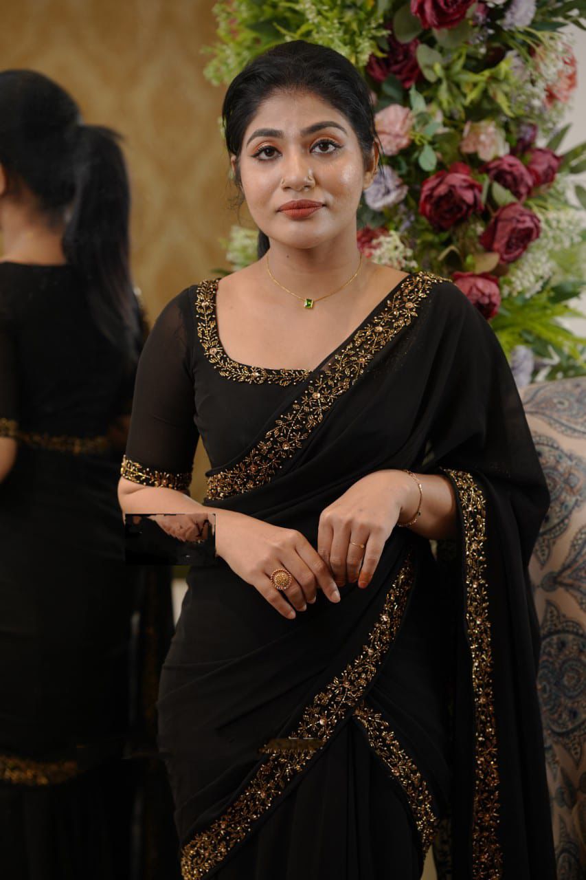  Black Color Ready To Wear One Minute  Georgette Embroidery Gown Saree Near Me