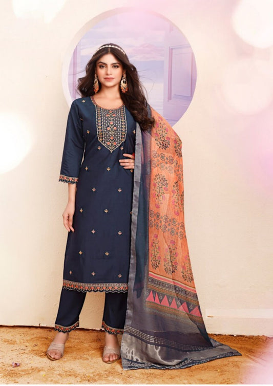 Appealing Teal Blue Color Roman With Heavy Embroidery Work Kurti Suit For Women