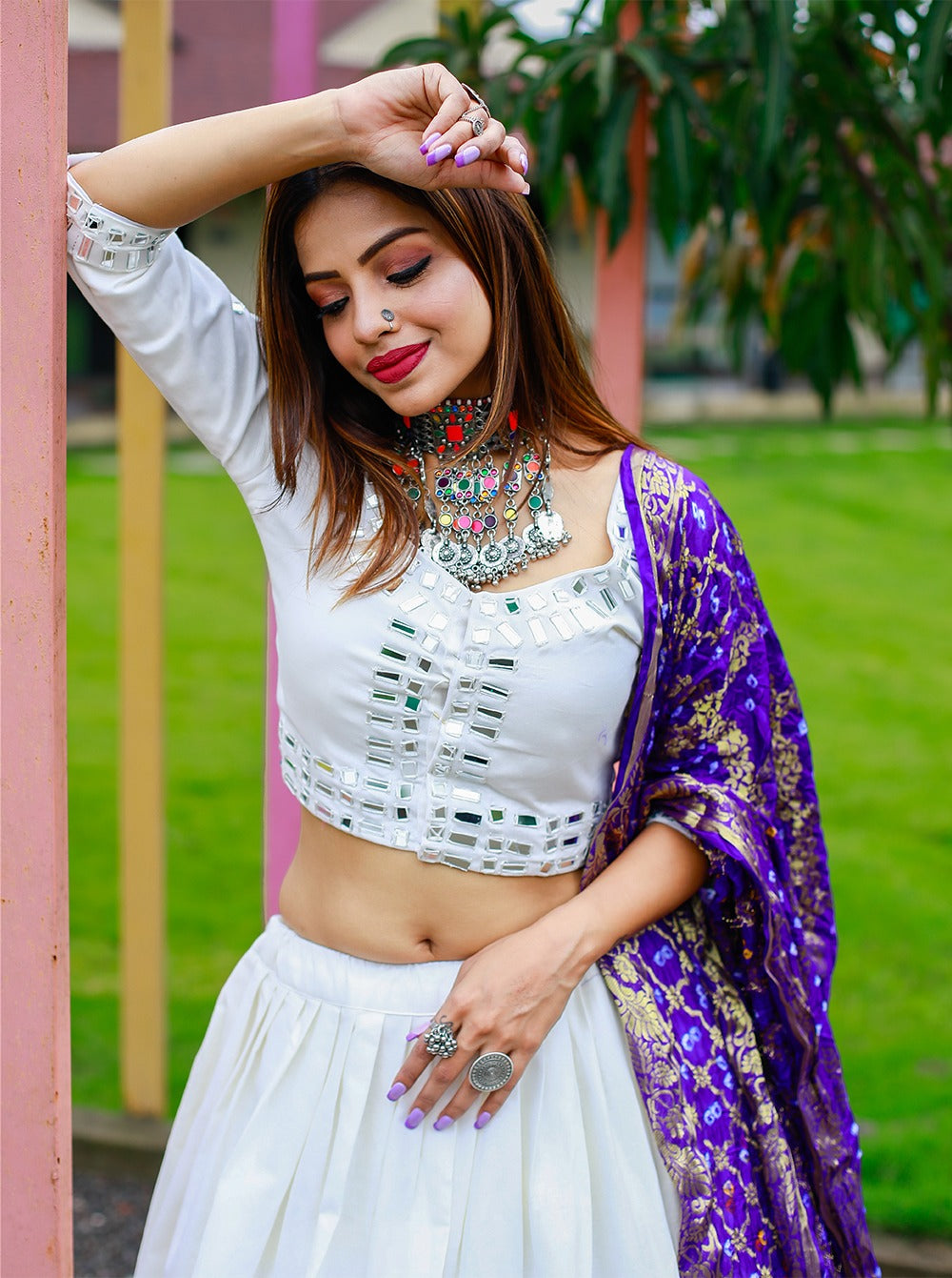 White Color Cotton Lehenga Set With Purple Color Dupatta Near Me