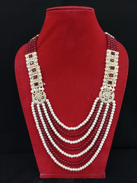 Wonderful Maroon And White Color Seven Layer Pearl Designer And Stone Work Mala For Men