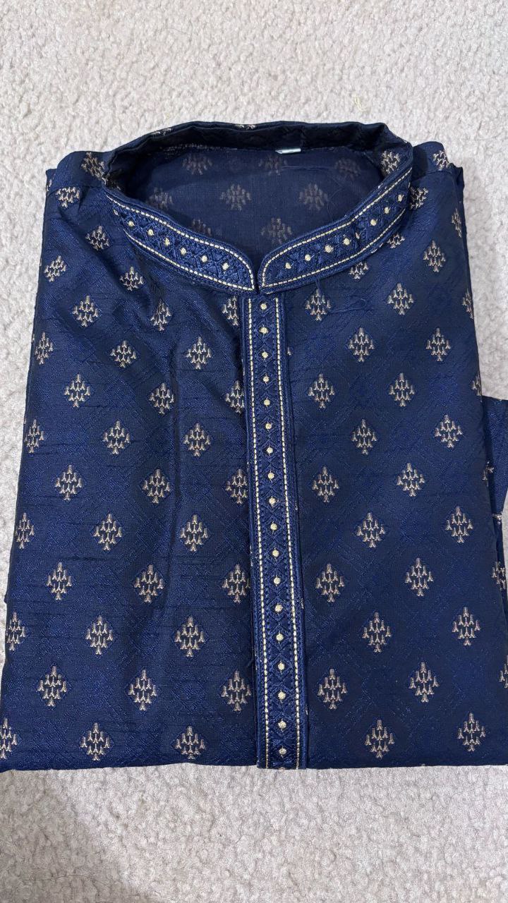 Attractive Blue Colored Silk Brocade Kurta With Pajama Suits For Men