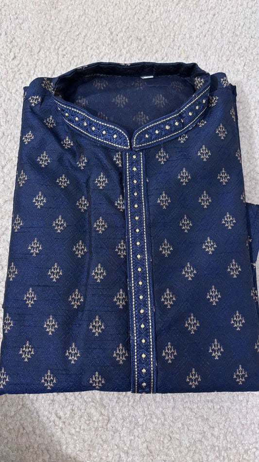 Attractive Blue Colored Silk Brocade Kurta With Pajama Suits For Men