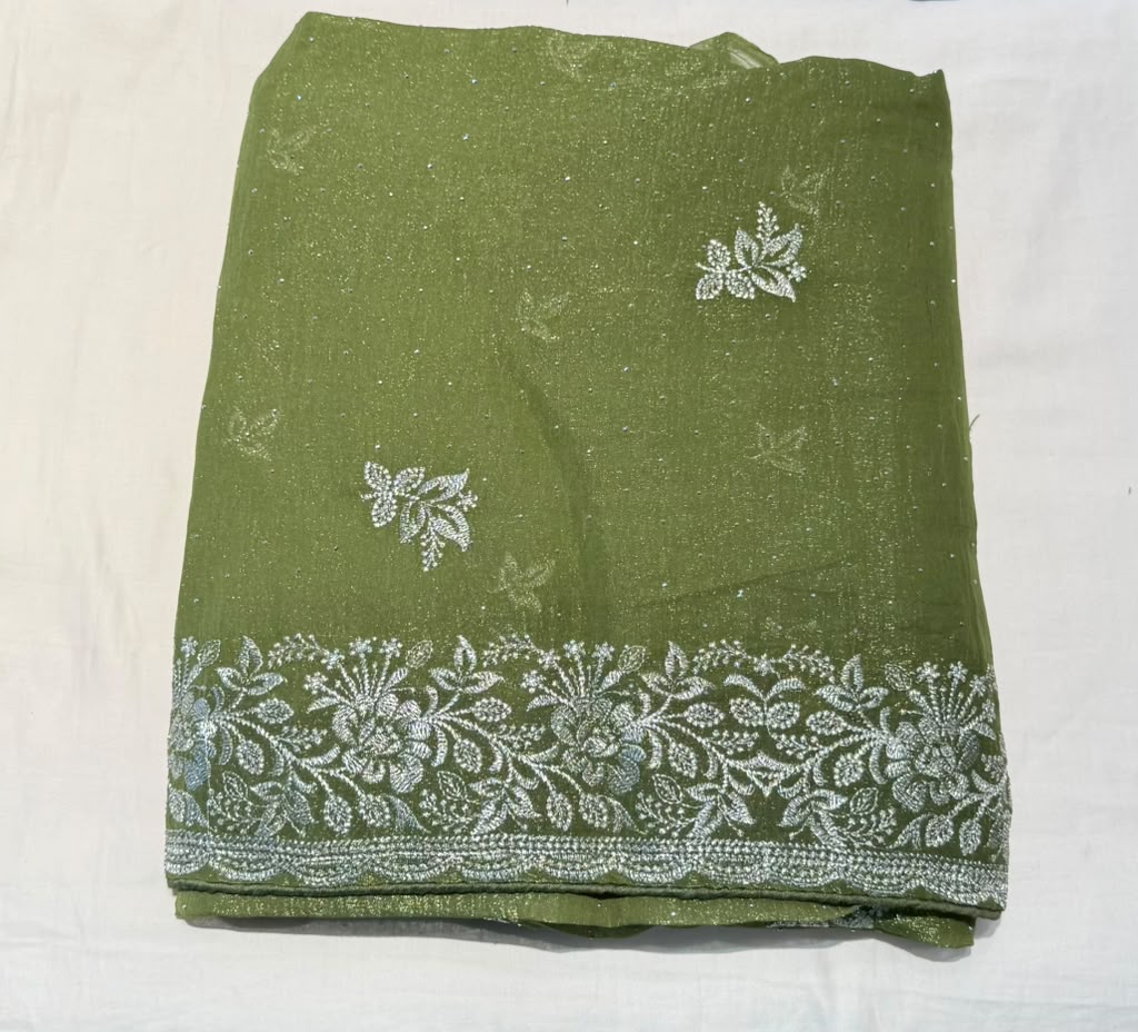 Fabulous Olive Green Color Tissue Silk Saree With Sequins And Embroidery Work For Women