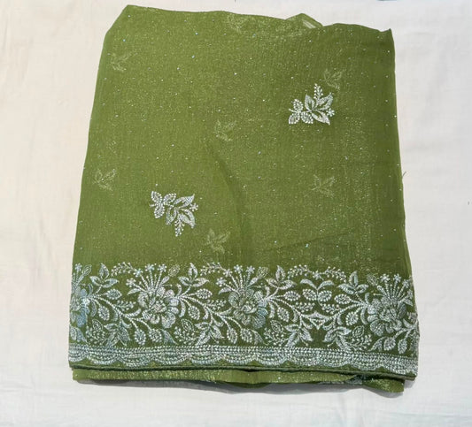 Fabulous Olive Green Color Tissue Silk Saree With Sequins And Embroidery Work For Women