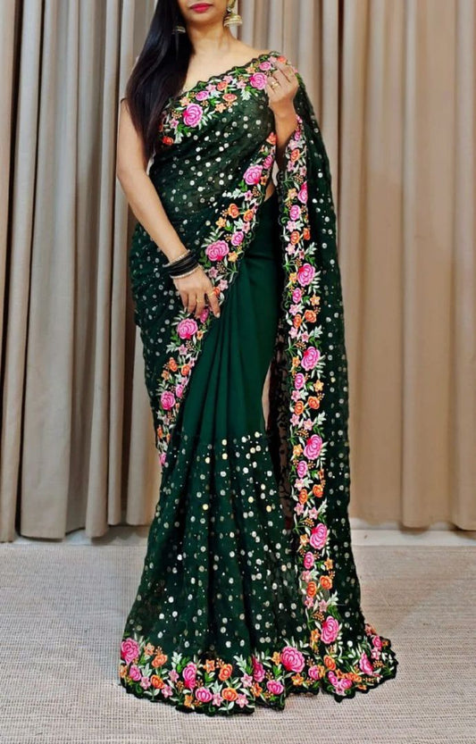 Dazzling Green Color Designer Georgette With Embroidery Thread Work Sequins Saree