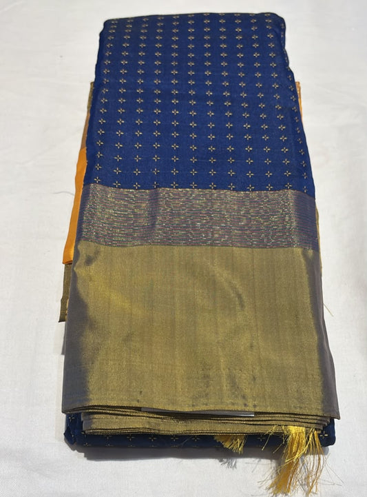 Elagant Blue Color Pure Kanchi Silk With Attractive Primium Gold Zari Work Saree For Women