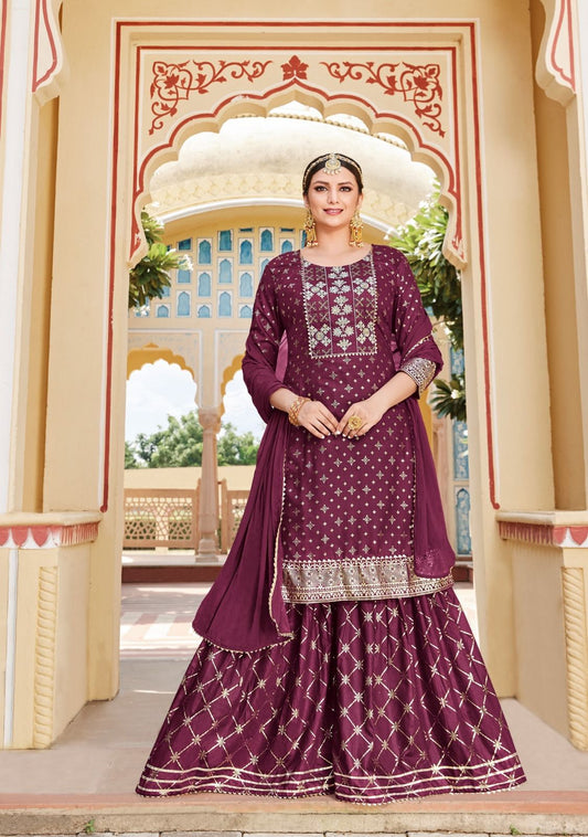 Facinating Maroon Colored Sharara Suits With Sequins Embroidery Work