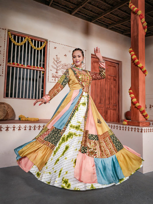 Attractive Multi Colored Heavy Rayon Cotton Embroidery And Sequins Work Chaniya Lehenga Choli Dupatta