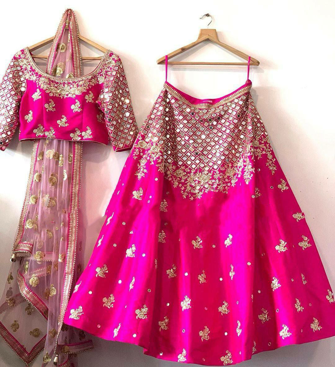 Dazzling Rani Pink Colored Malay Satin Silk Coding Embroidery With Zari Work Lehenga Choli