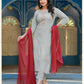 Dazzling Grey Colored Rayon With Classy Gold Print Fancy Embroidery Work Kurti Sets For Women