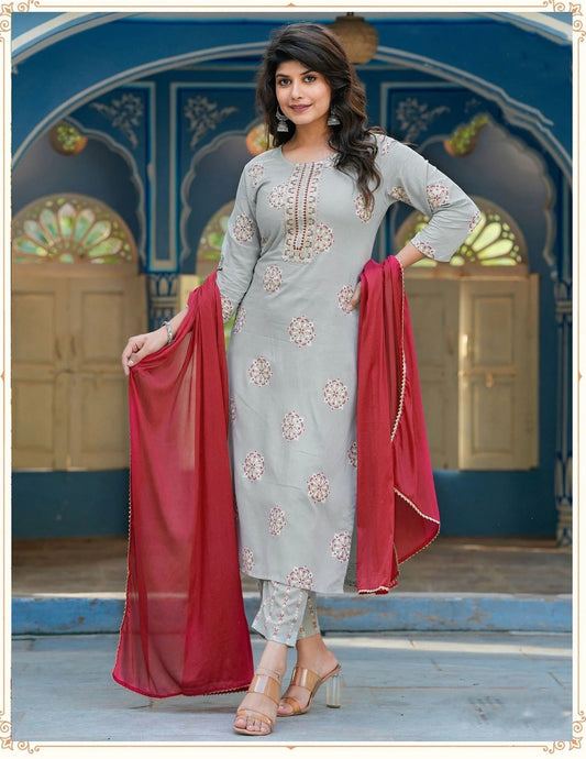 Dazzling Grey Colored Rayon With Classy Gold Print Fancy Embroidery Work Kurti Sets For Women