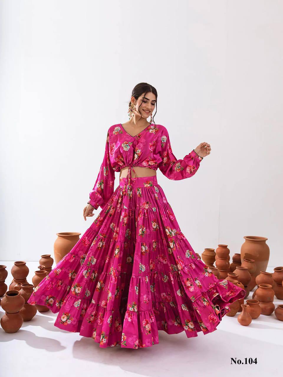 Attractive Pink Color Floral Printed Tier Lehenga With Crop Top