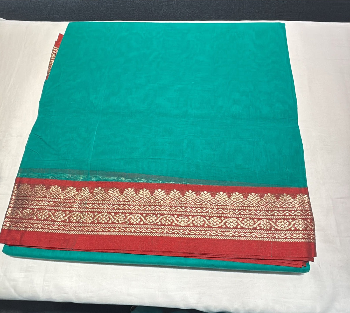 Attractive Teal Green Color Kanchi Cotton With Gold Zari Work Border Saree For Women