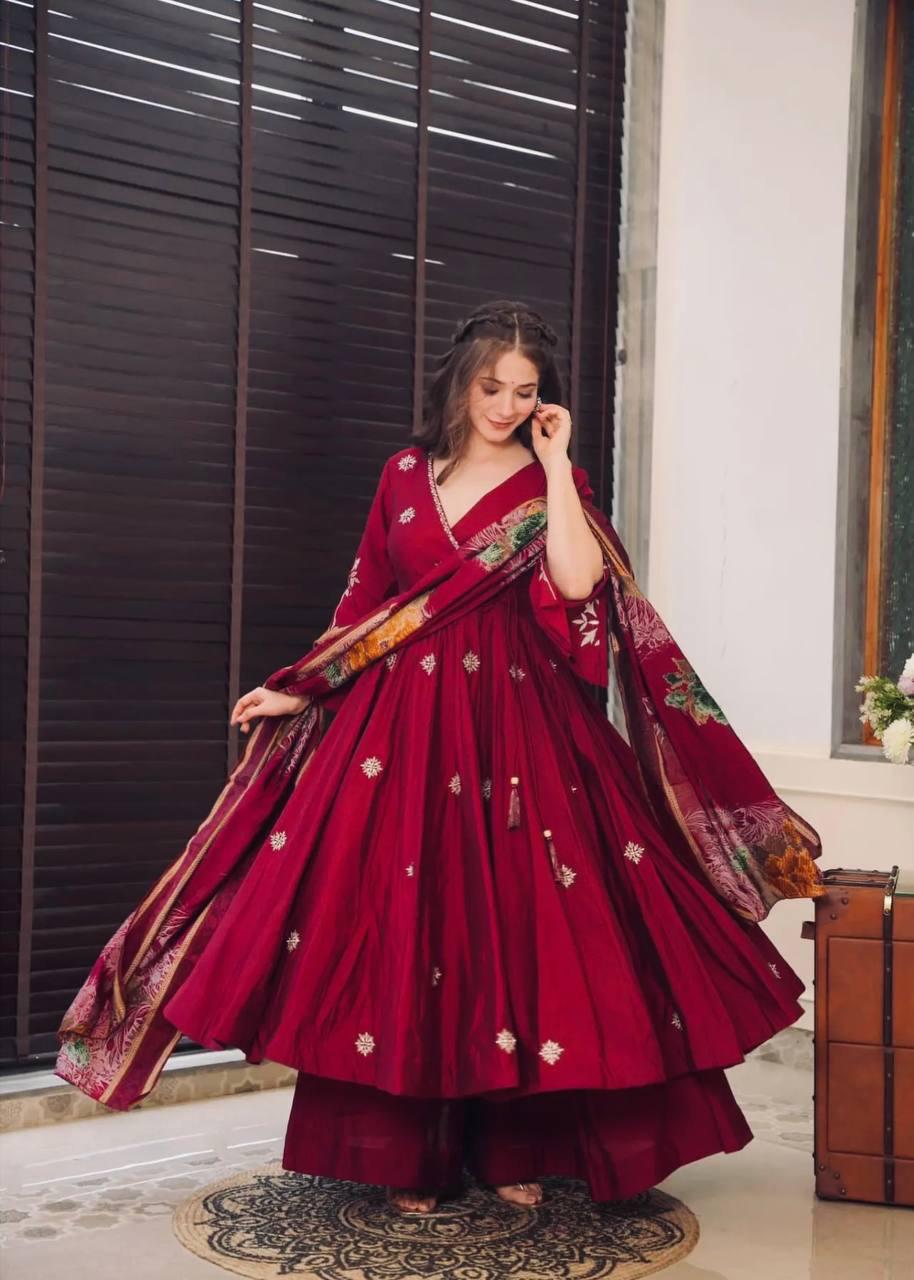 Gorgeous Maroon Color Chinon Embroidery And Sequins Work Anarkali Suits With Dupatta