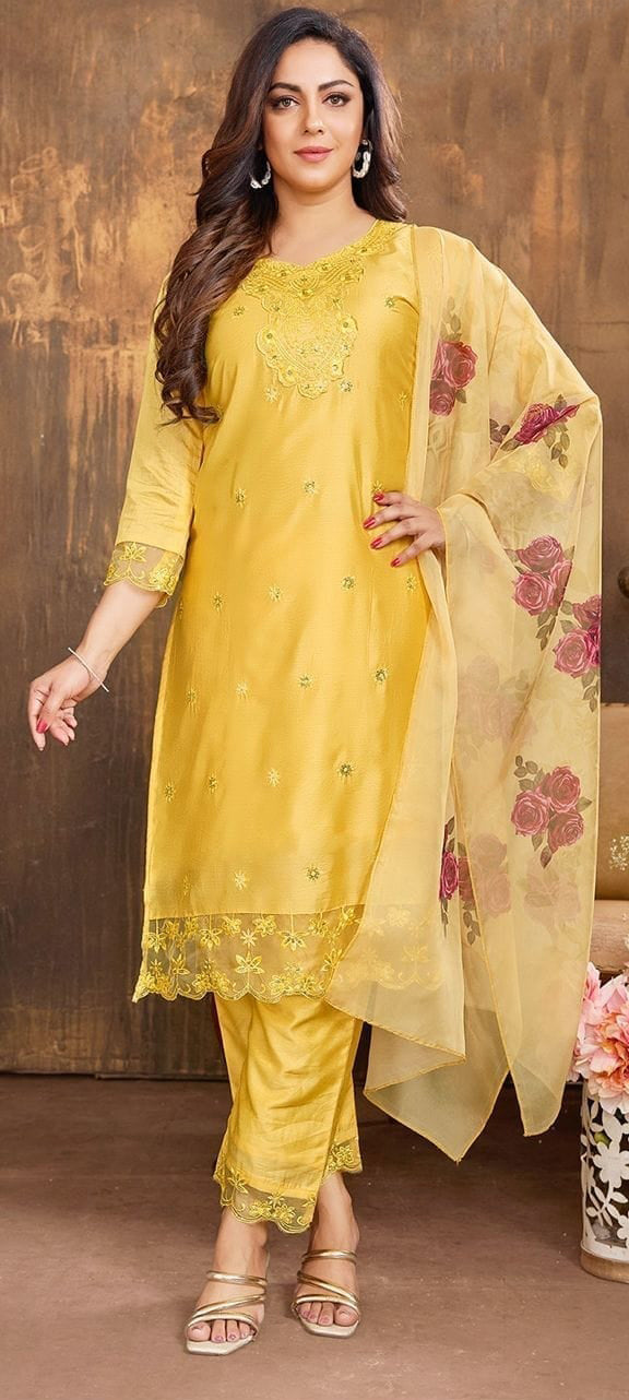 Beautiful Yellow Color Chanderi Salwar Suits With Fancy Dupatta For Women